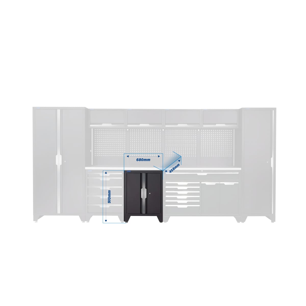 SGS 14pc Modular Garage Storage | 12 Drawers | Stainless Steel Worktop | Floor Cabinet | Tall Single & Double Cabinets